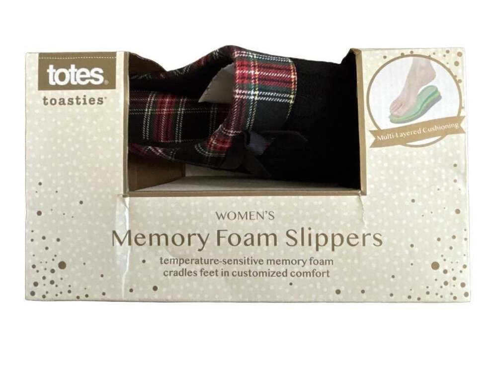 Totes Toasties Women's Memory Foam Slippers Black Plaid Size XL 9-10